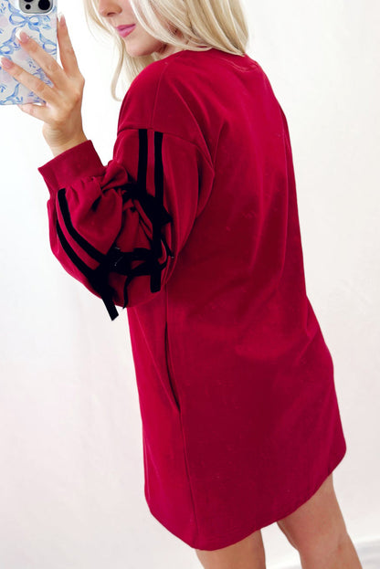Racing Red Contrast Striped Bow Detail Drop Shoulder Tunic T Shirt Dress