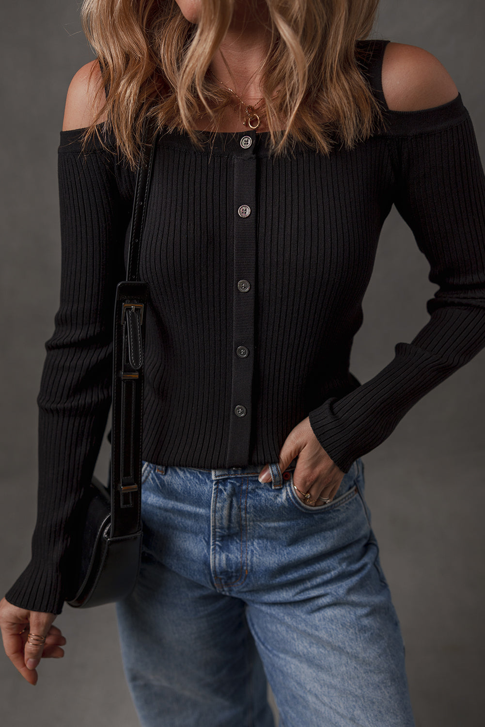 Black Ribbed Knit Cold Shoulder Button Front Sweater