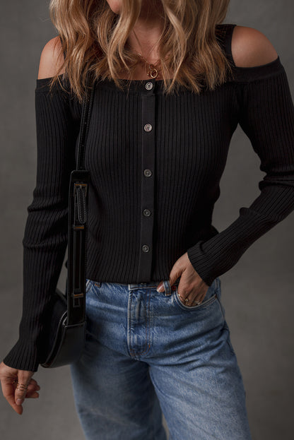 Black Ribbed Knit Cold Shoulder Button Front Sweater