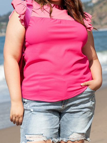 Strawberry Pink Textured 2-Tone Patchwork Frill Neck Ruffled Trim Plus Blouse