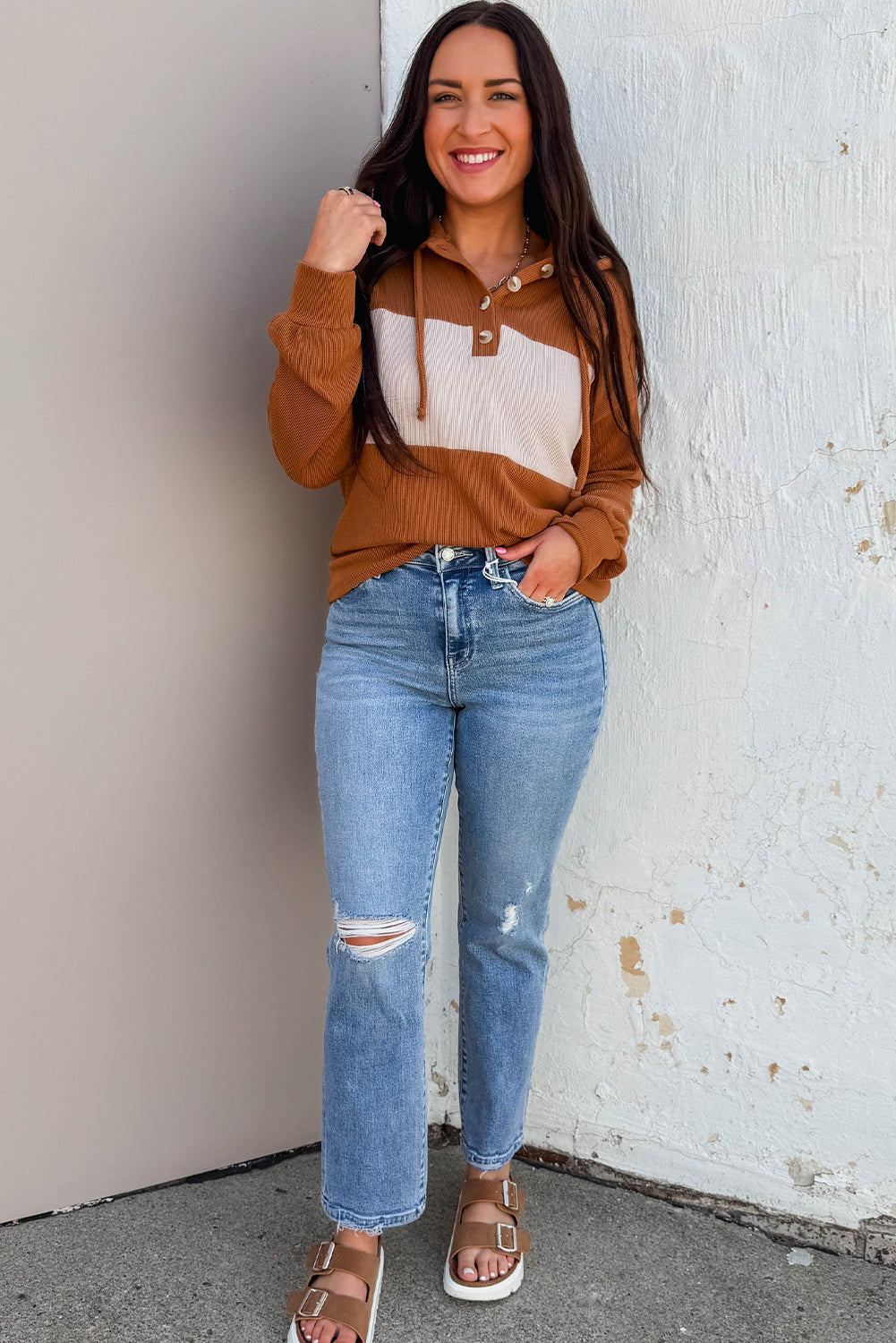 Chestnut Color Block Ribbed Knit Button Neck Drop Shoulder Hoodie