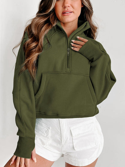 Green Ribbed Stand Collar Thumbhole Sleeve Casual Sweatshirt with Zipper
