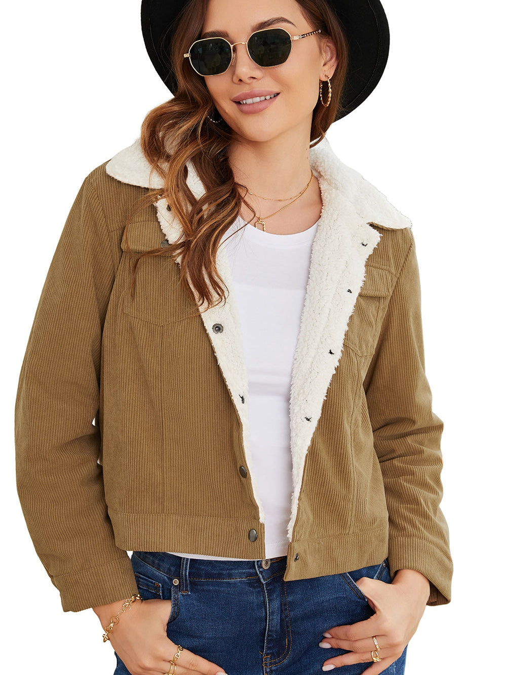 Khaki Corduroy Snap Button Sherpa Lined Jacket