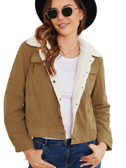 Khaki Corduroy Snap Button Sherpa Lined Jacket
