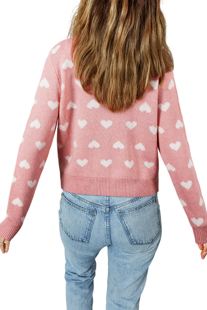 Light Pink Heart Pattern Button Front Cardigan Sweater