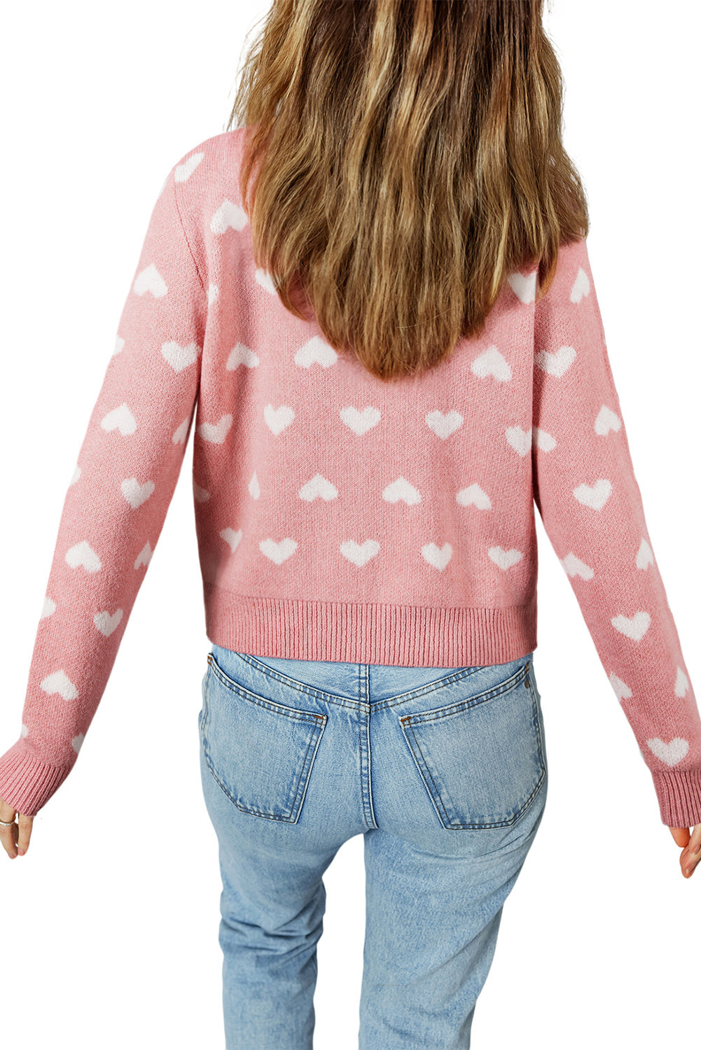 Light Pink Heart Pattern Button Front Cardigan Sweater