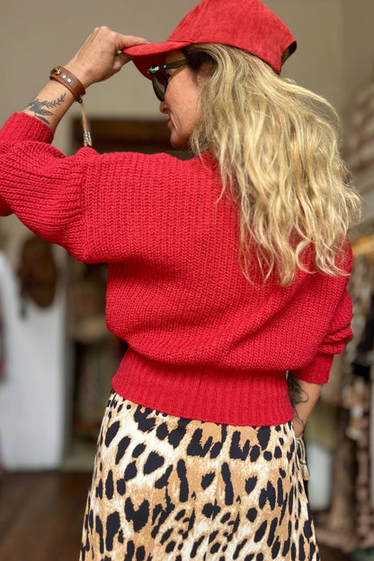 Fiery Red Button V Neck Fitted Hem Contrast Sweater Cardigan