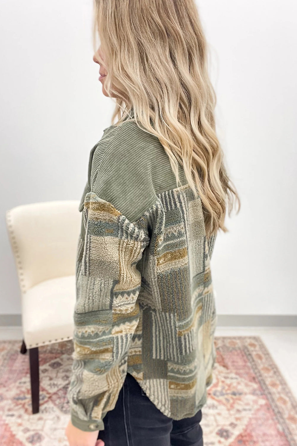 Smoke Green Corduroy Plush Patchwork Western Fashion Shacket