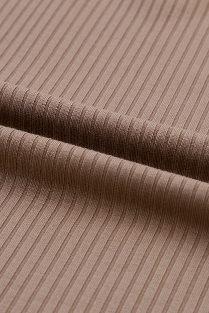 Khaki Ribbed V Neck Top with Chest Pocket