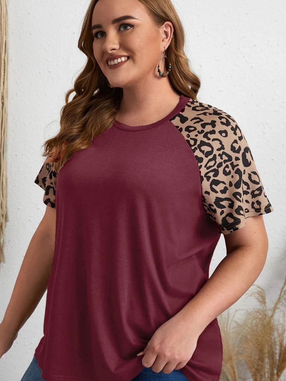 Leopard Print Raglan Sleeve Burgundy Plus Size Tee