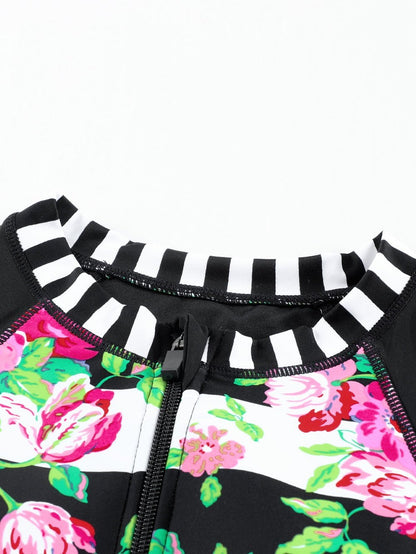 Floral Striped Patchwork Rashguard Swimsuit with Long Sleeves