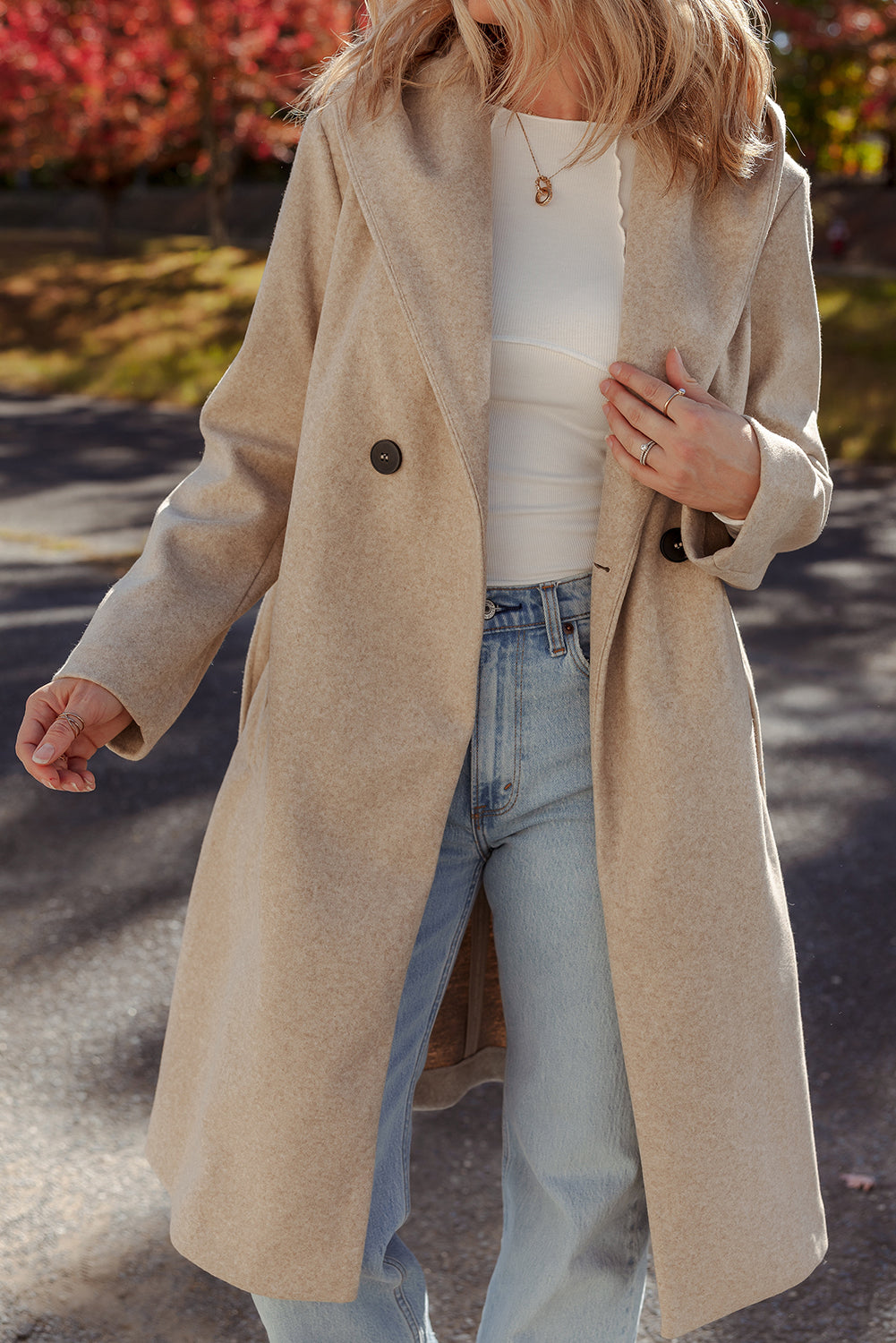 Oatmeal Lapel Collar Double Breasted Belted Overcoat