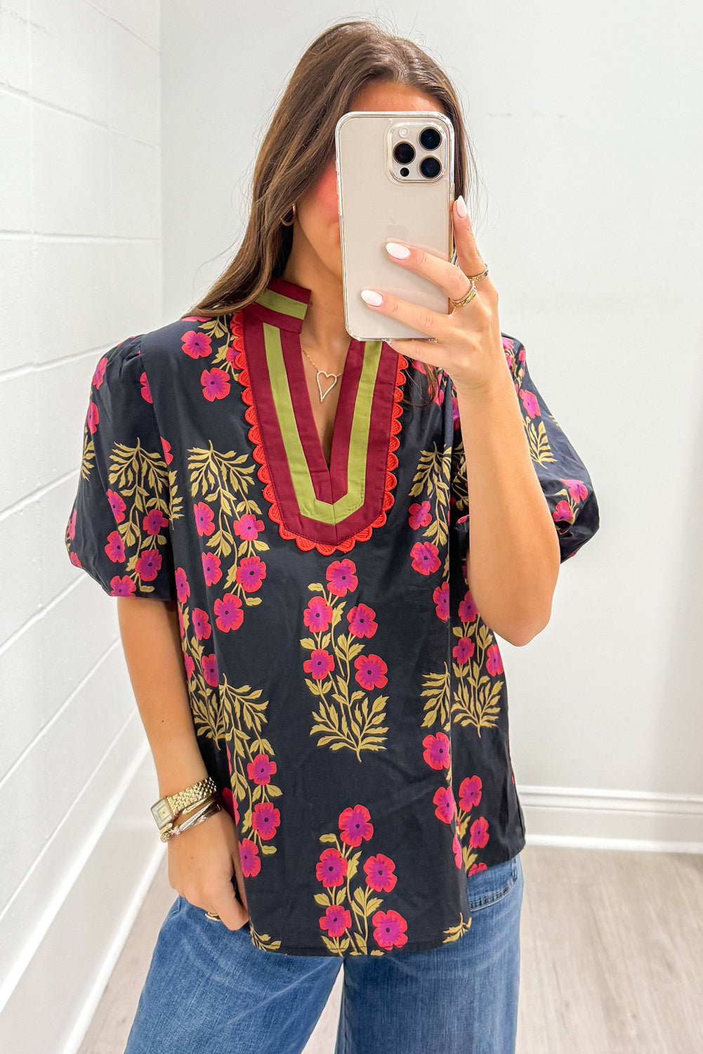 Black Floral Short Bubble Sleeve Contrast Slit Neckline Blouse