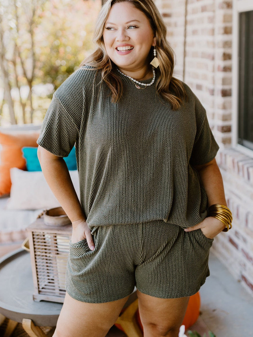 Moss Green Plus Size Rib Knit Short Sleeve Top and Shorts Set