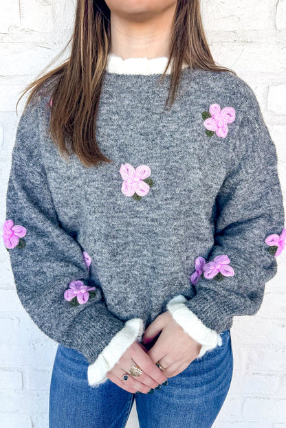 Medium Grey Cute Flower Decor Contrast Trim Neck Cuffed Sweater