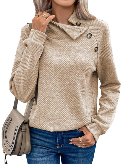 Apricot Textured High Neck Sweatshirt with Unique Asymmetrical Buttons