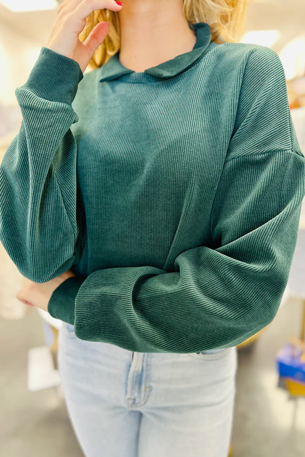 Skobeloff Solid Color Collared Ribbed Cropped Drop Shoulder Top