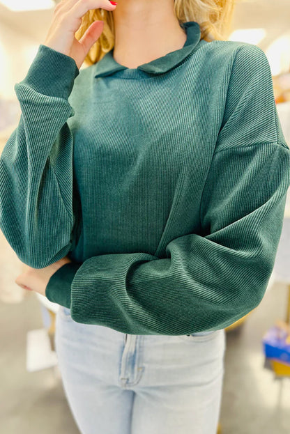 Skobeloff Solid Color Collared Ribbed Cropped Drop Shoulder Top