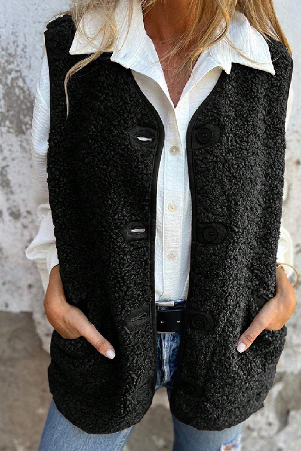 Black V Neck Button Front Plush Teddy Vest