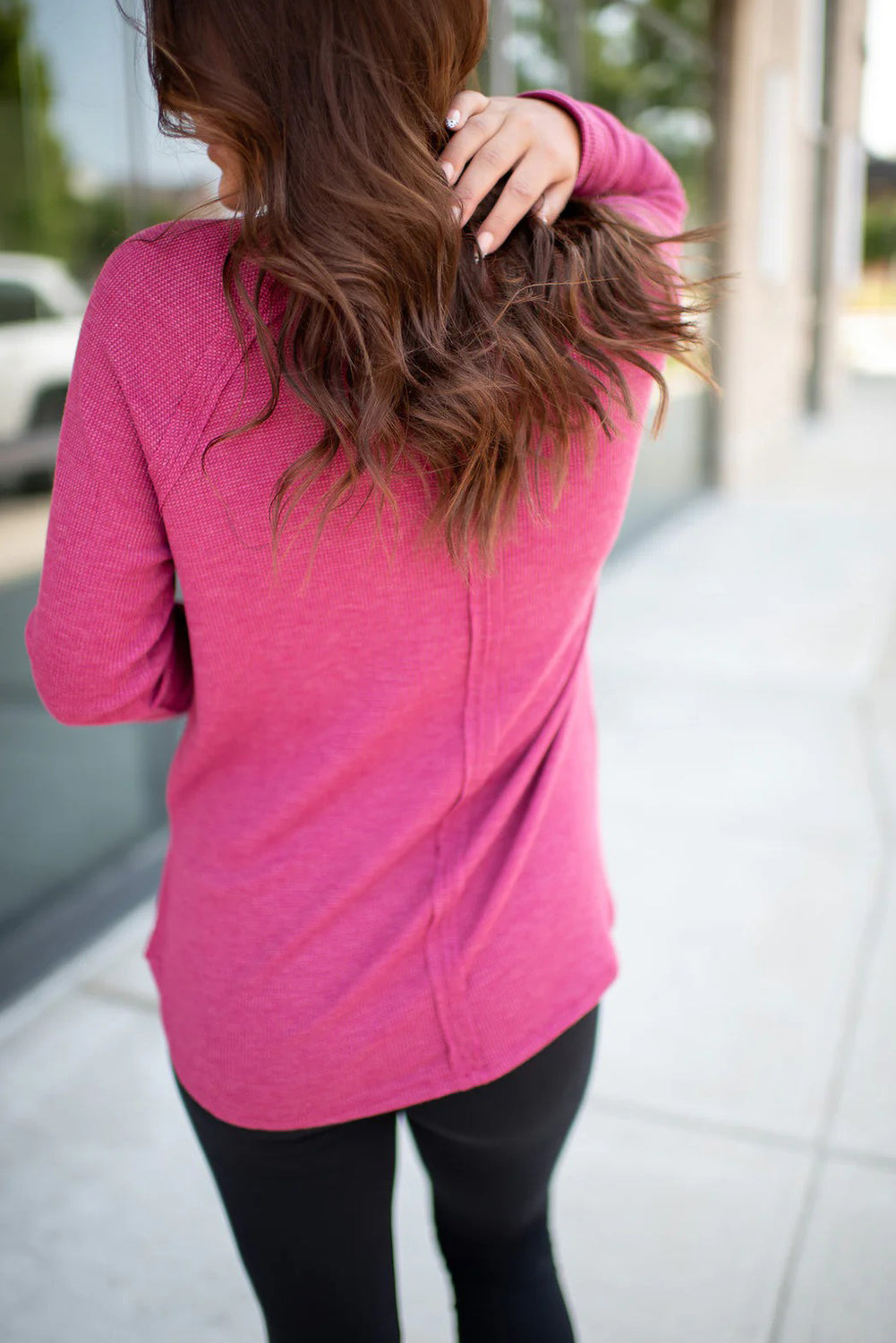 Rose Red Solid Color Thermal Knit Exposed Seam Raglan Sleeve Top