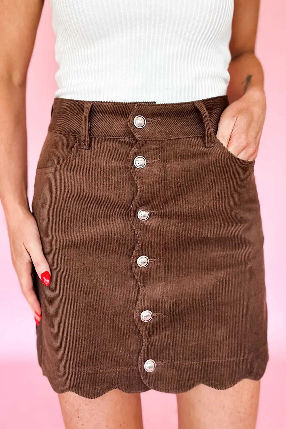 Coffee Corduroy Scalloped Edge Buttoned Front Short Skirt