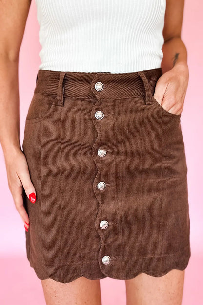 Coffee Corduroy Scalloped Edge Buttoned Front Short Skirt
