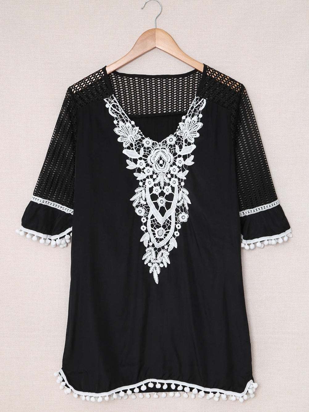 Beach Ready Black Crochet Pom Pom Trim Tunic Cover-Up