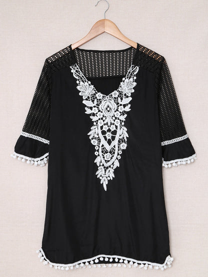 Beach Ready Black Crochet Pom Pom Trim Tunic Cover-Up