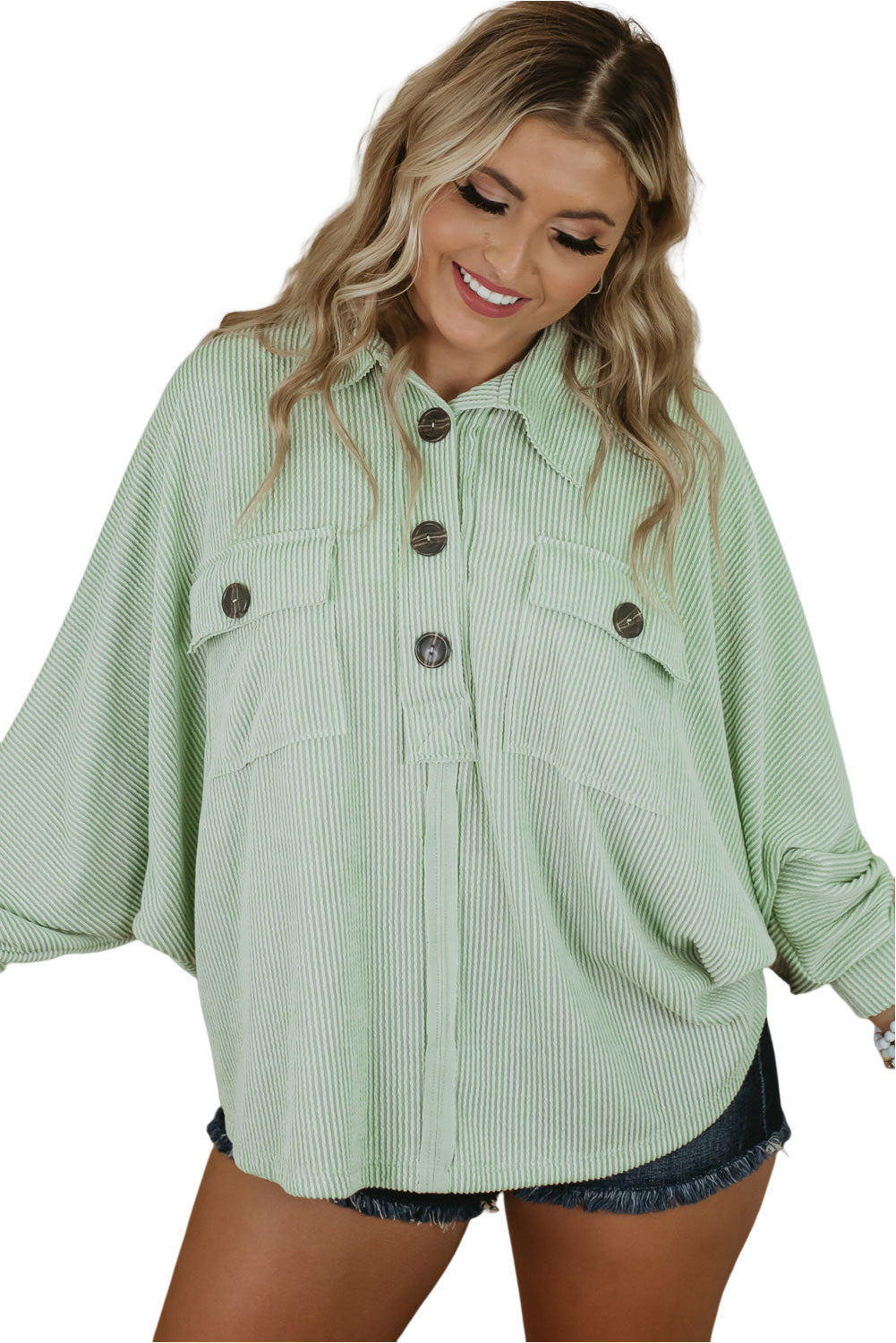 Sage Oversized Ribbed Henley Top with Pockets
