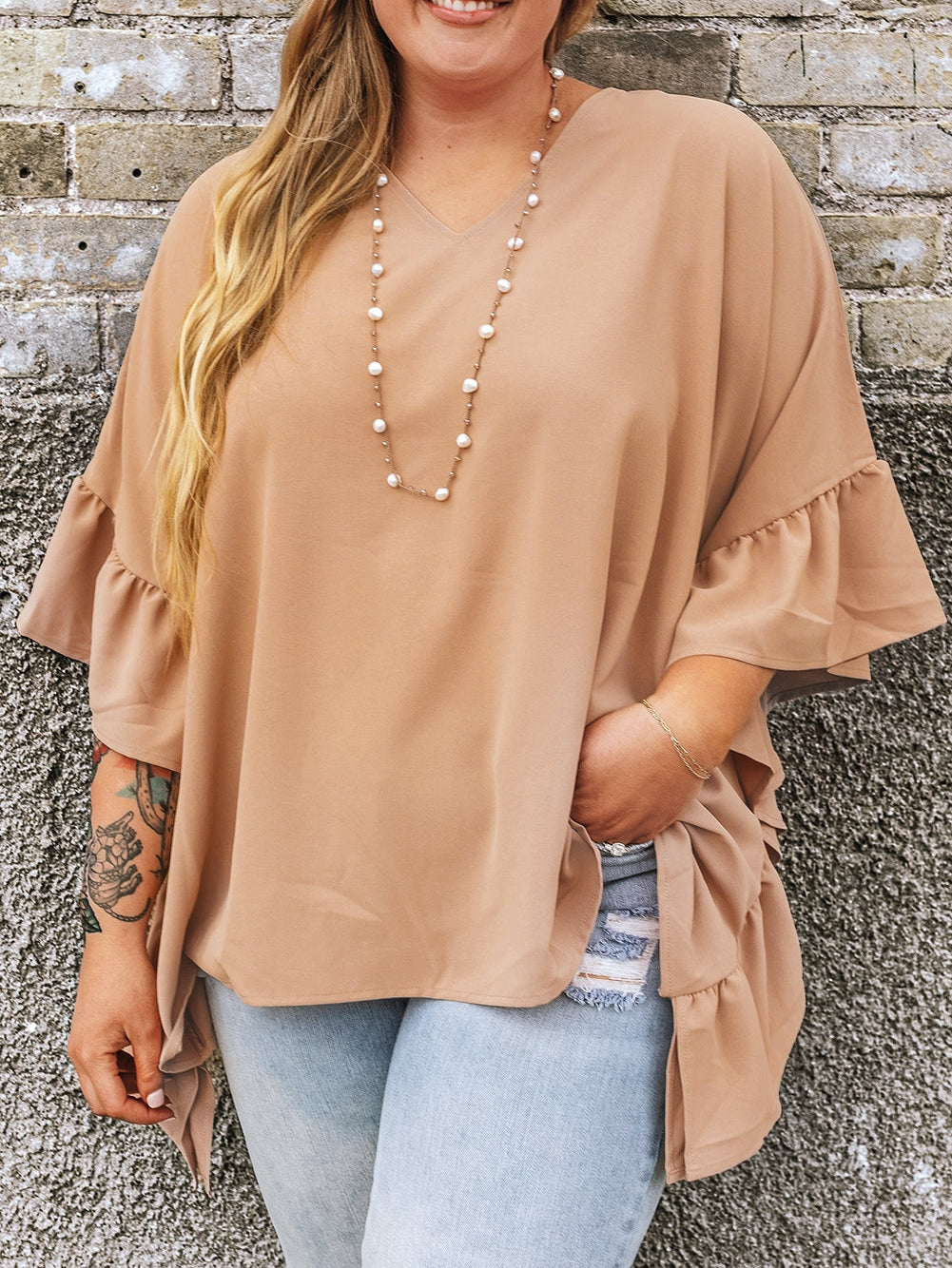 Elegant Smoke Gray Plus Size V Neck Blouse with Ruffled Batwing Sleeves