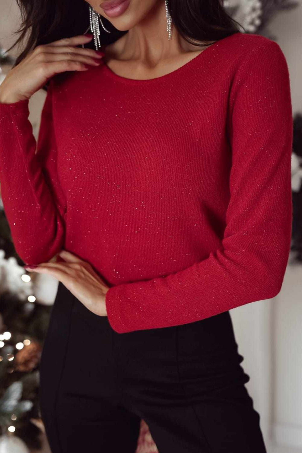 Racing Red Open Back Ribbon Bow Decor Shimmery Long Sleeve Top