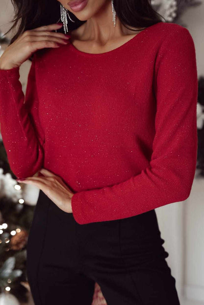 Racing Red Open Back Ribbon Bow Decor Shimmery Long Sleeve Top