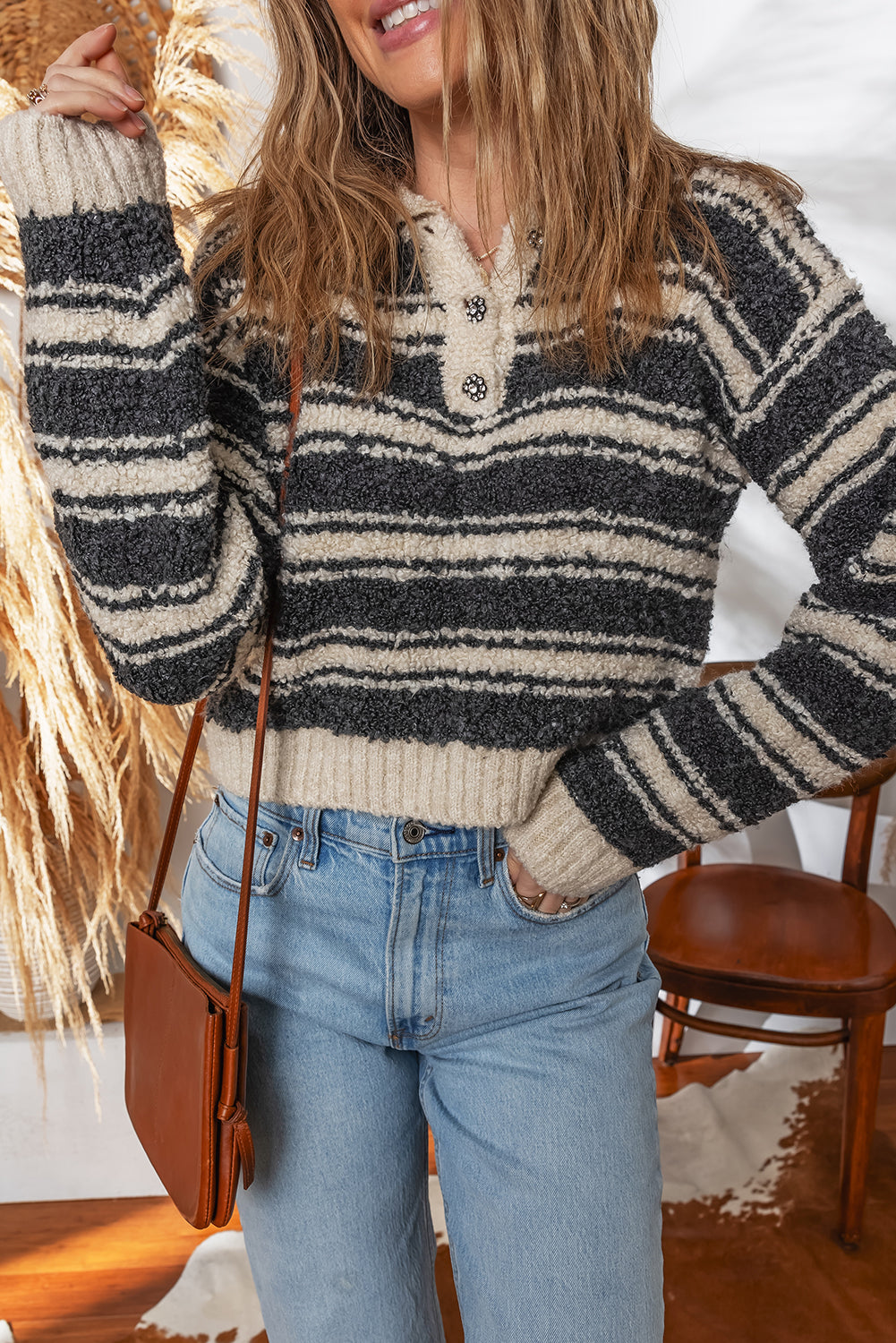 Black Stripe Fuzzy Knit Button V Neck Cropped Sweater