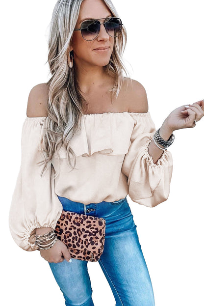 Elegant Oatmeal Ruffle Off-Shoulder Blouse