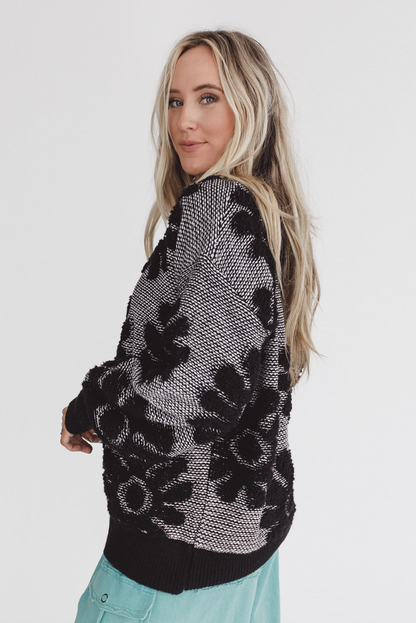 Black Plush Flower Pattern Drop Shoulder Sweater