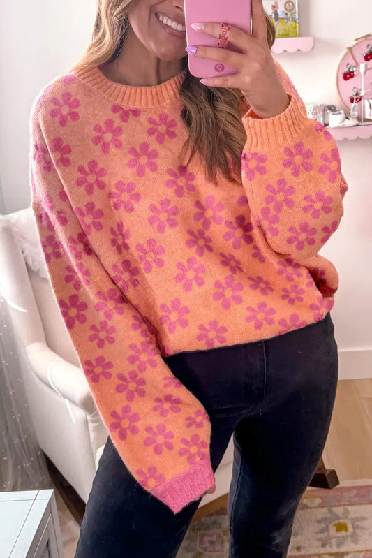 Grapefruit Orange Ribbed Trim Flower Pattern Loose Sweater