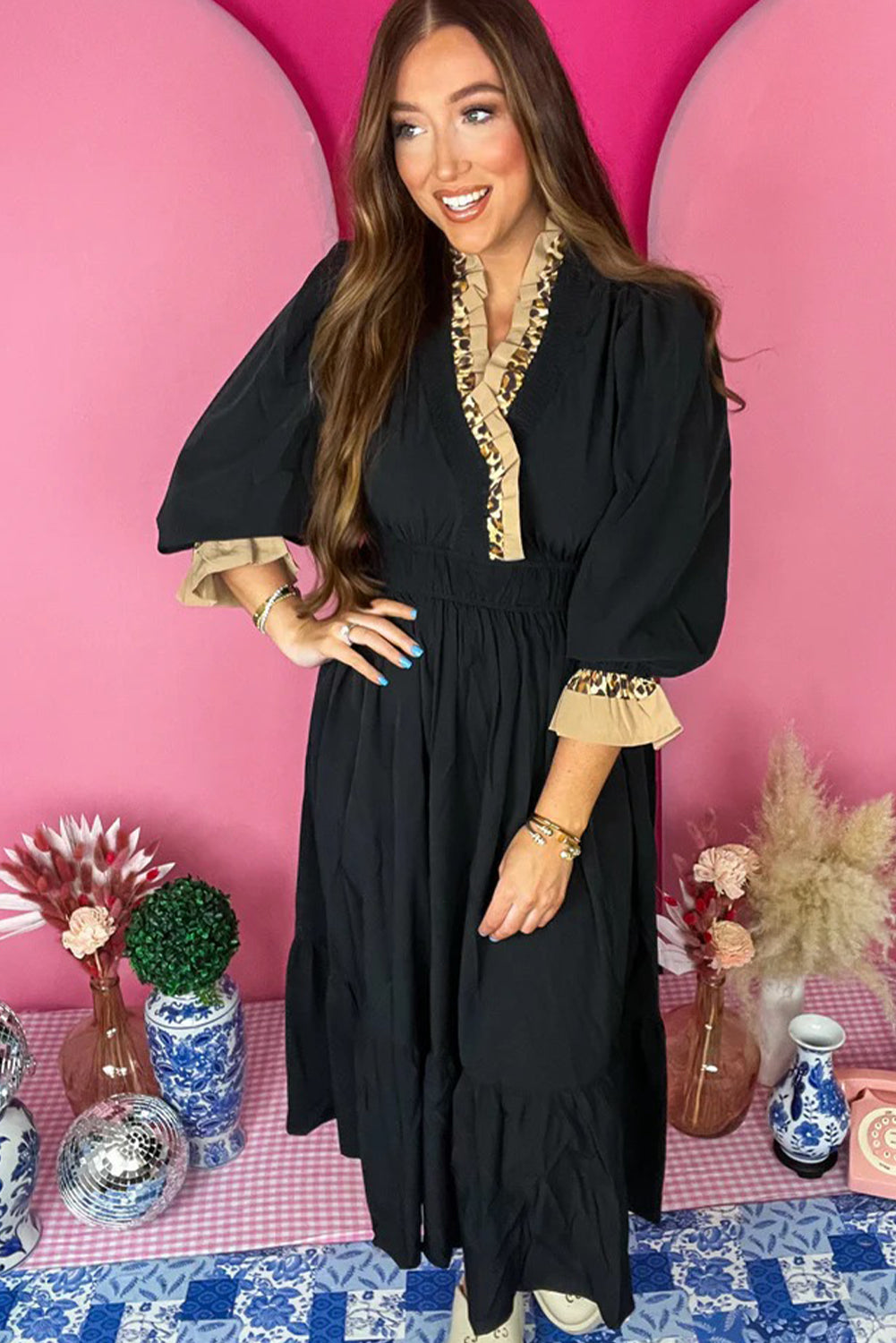 Black Contrast Frilled Trim V Neck 3/4 Ruffled Sleeve Flowy Midi Dress