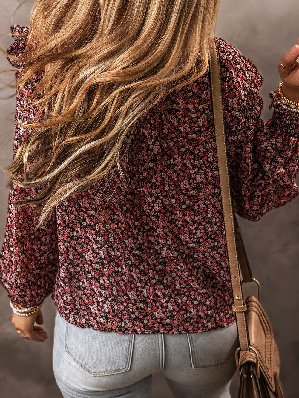 Fiery Red Floral Smocked Ruffle Long Sleeve Blouse for Women