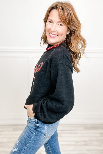 Black Sequin Ribbon Bow Embroidered Casual Sweater