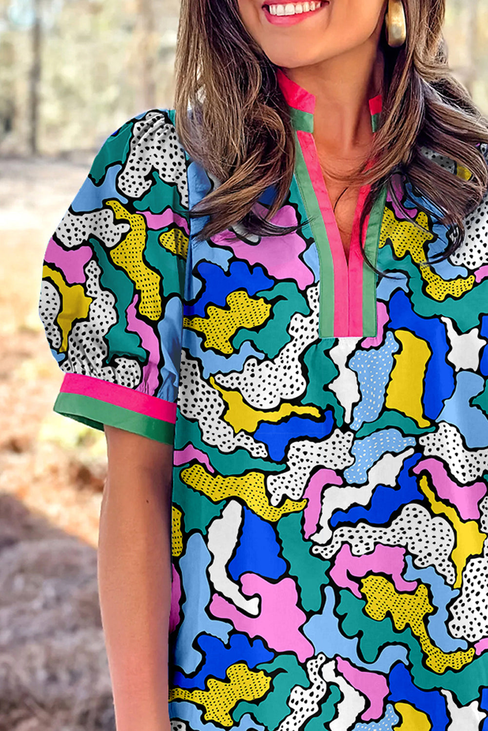 Green Abstract Camo Print Puff Short Sleeve Blouse