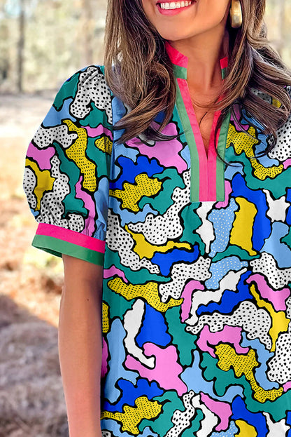 Green Abstract Camo Print Puff Short Sleeve Blouse