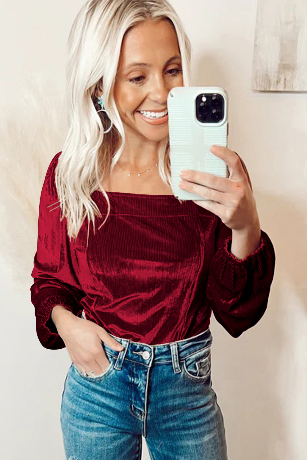 Burgundy Velvet Ribbed Texture Square Neck Slim Puff Sleeve Top