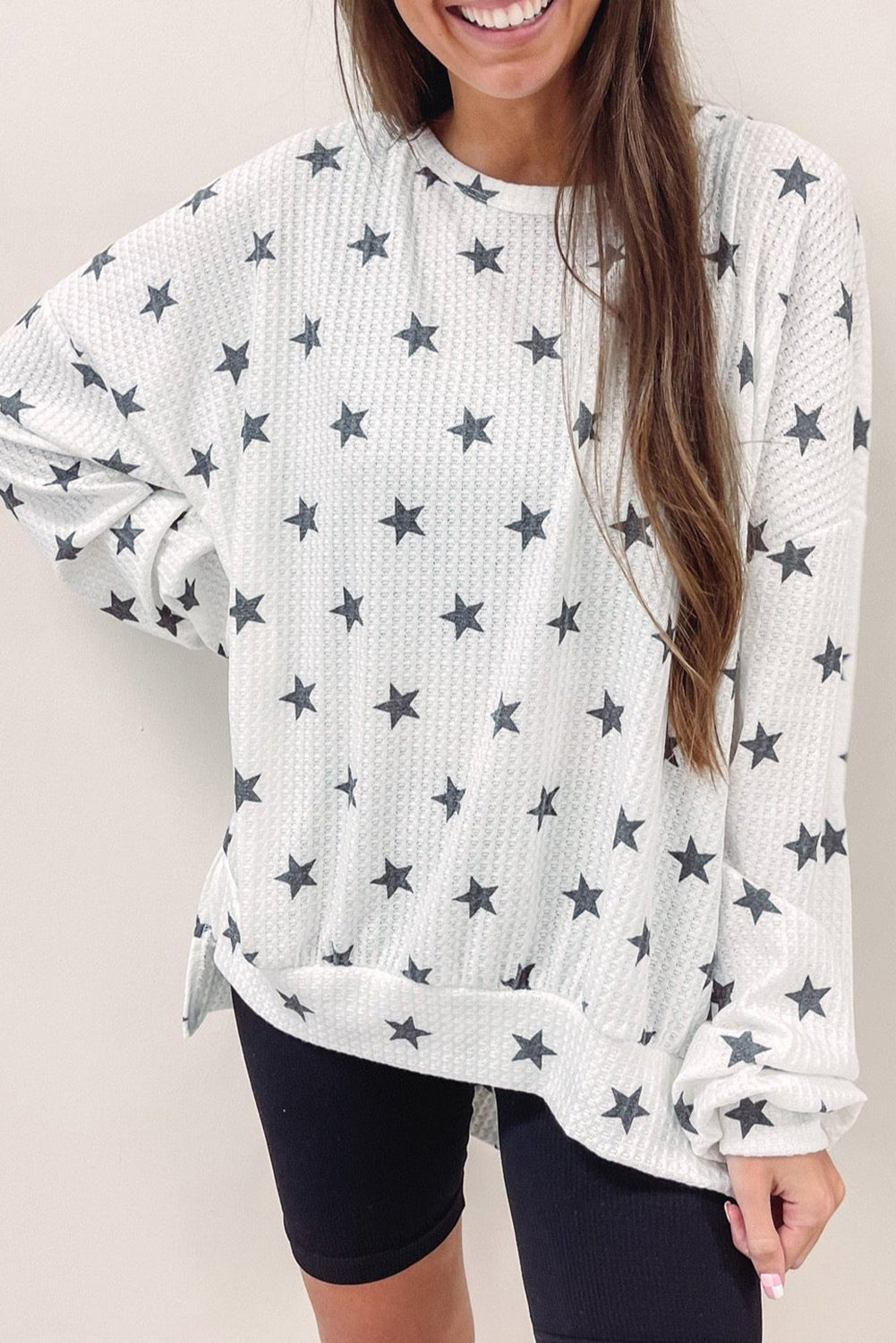 White Star Print Waffle Loose Pullover Top