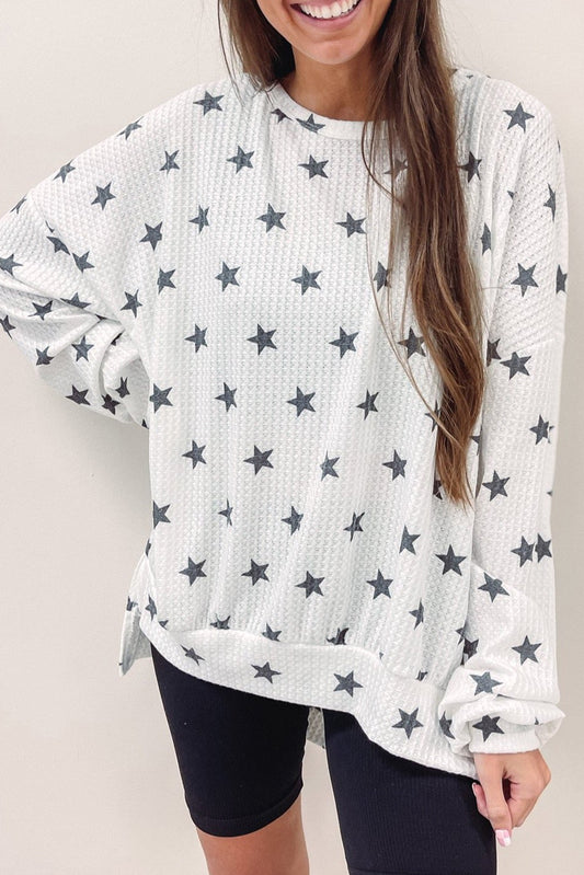 White Star Print Waffle Loose Pullover Top