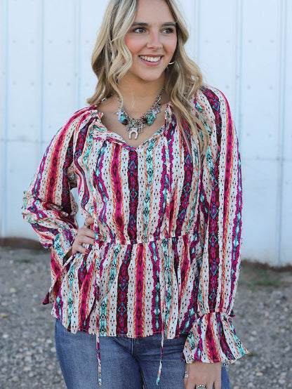 Aztec Print Peplum Blouse with Split Neck