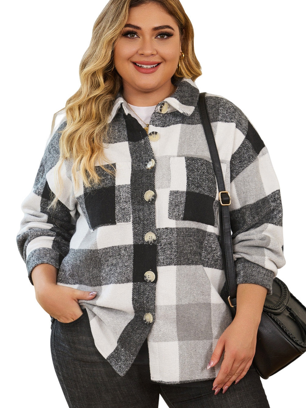 Gray Plus Size Checkered Button-Up Shacket