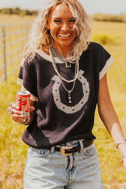 Black Horse Shoe Pattern Contrast Trim Short Sleeve Sweater