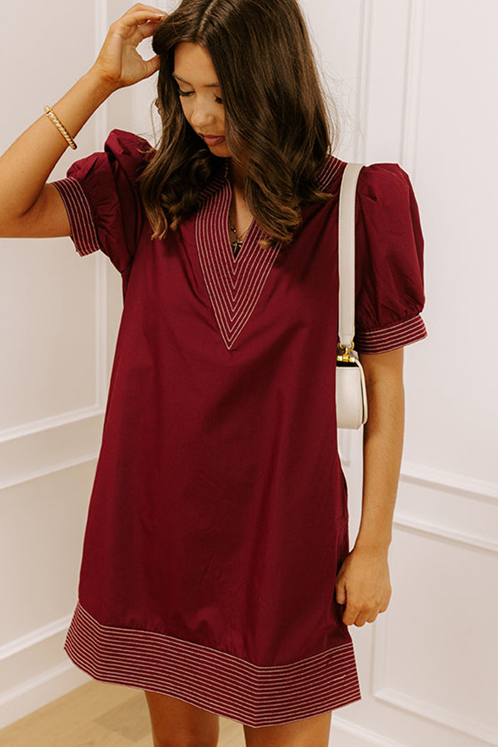 Burgundy Stitched Detail V Neck Short Puff Sleeve Shift Mini Dress
