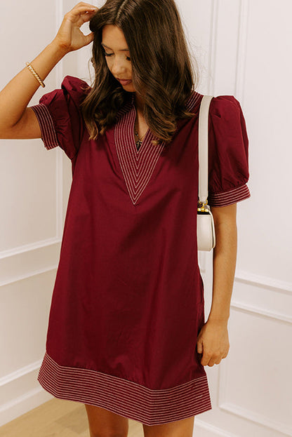 Burgundy Stitched Detail V Neck Short Puff Sleeve Shift Mini Dress
