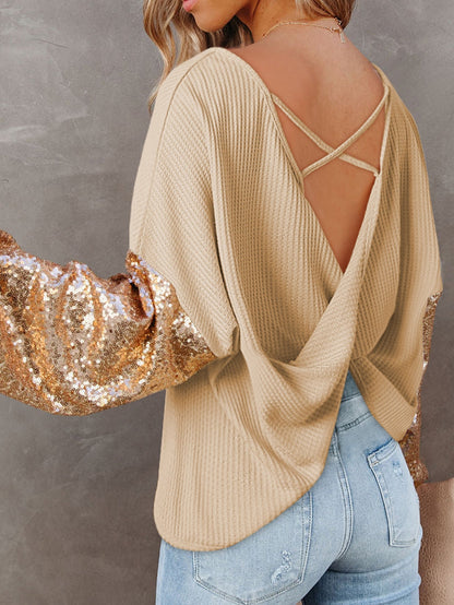 Apricot Sequin Patchwork Waffle Knit Open Back Top with Long Sleeves